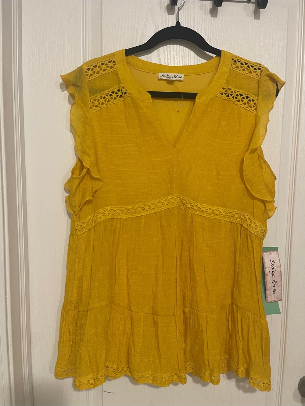 Indigo Rose Mustard Lace-Trim Ruffle Sleeve Blouse